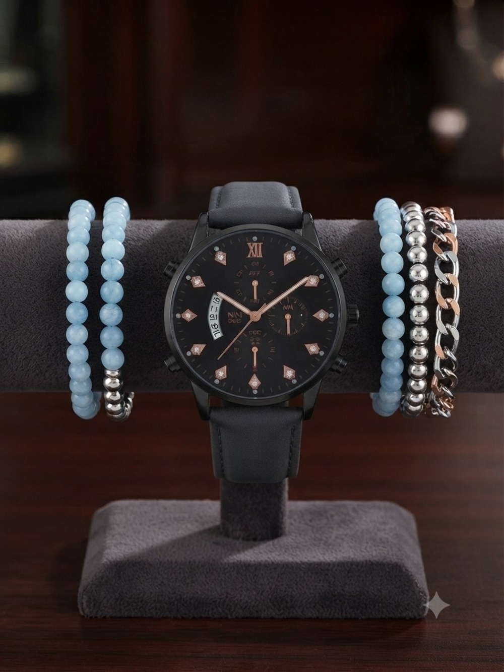 Men's Black Leather Strap Watch with Light Blue Beaded Bracelet Set